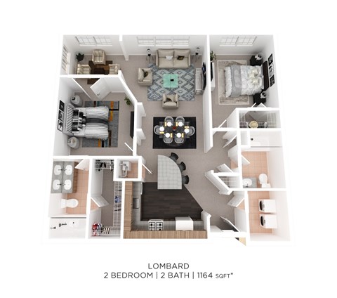 Floor plan for 2 beds, 2 baths, 1164 sqft