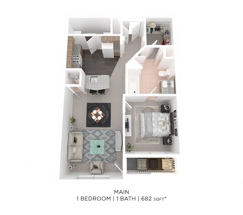 Floor plan for 1 bed, 1 bath, 682 sqft