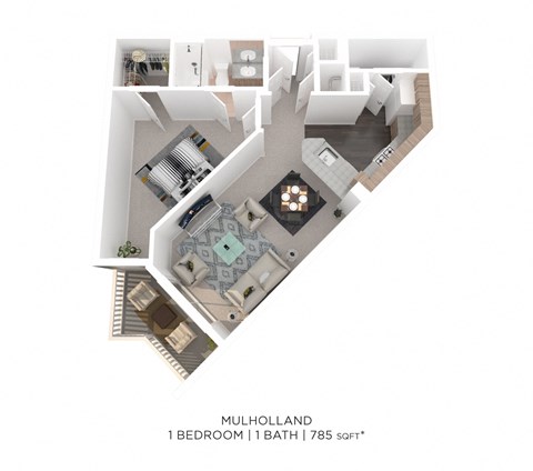 Floor plan for 1 bed, 1 bath, 785 sqft