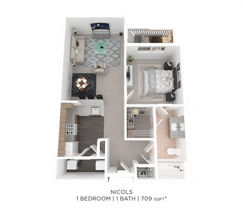 Floor plan for 1 bed, 1 bath, 709 sqft