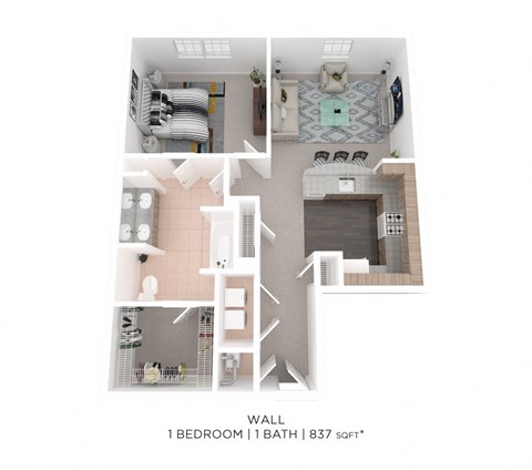 Floor plan for 1 bed, 1 bath, 837 sqft