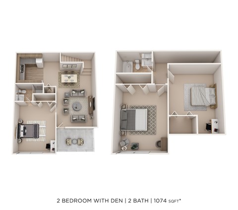 Floor plan for 2 beds, 2 baths, 1074 sqft