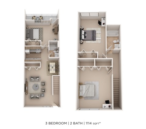 Floor plan for 3 beds, 2 baths, 1114 sqft