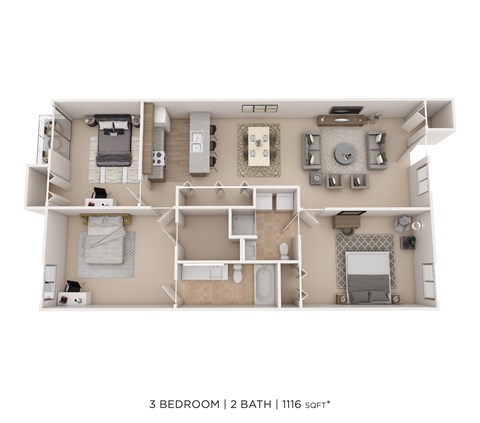 Floor plan for 3 beds, 2 baths, 1116 sqft