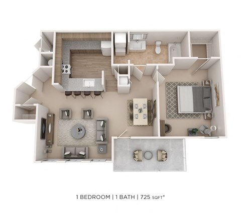 Floor plan for 1 bed, 1 bath, 725 sqft
