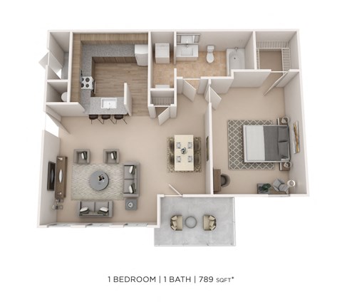 Floor plan for 1 bed, 1 bath, 789 sqft