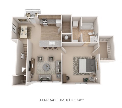 Floor plan for 1 bed, 1 bath, 725 sqft