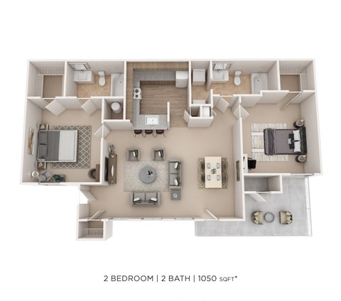 Floor plan for 2 beds, 2 baths, 1050 sqft