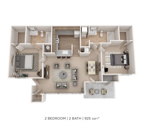 Floor plan for 2 beds, 2 baths, 925 sqft