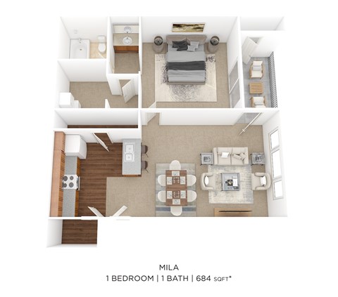 Floor plan for 1 bed, 1 bath, 684 sqft