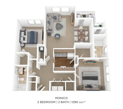 Floor plan for 2 beds, 2 baths, 1290 sqft