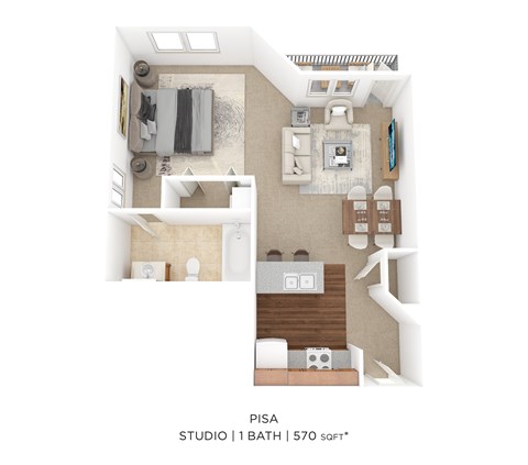 Floor plan for studio, 1 bath, 570 sqft