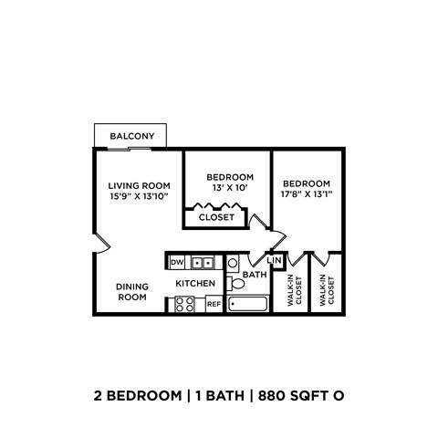 Floor plan for 2 beds, 1 bath, 880 sqft