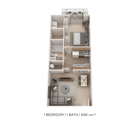 Floor plan for 1 bed, 1 bath, 640 sqft