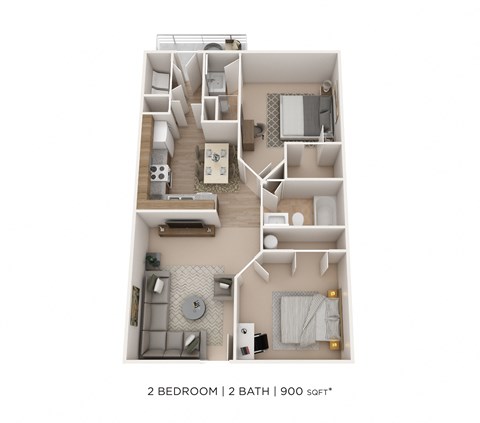Floor plan for 2 beds, 2 baths, 900 sqft