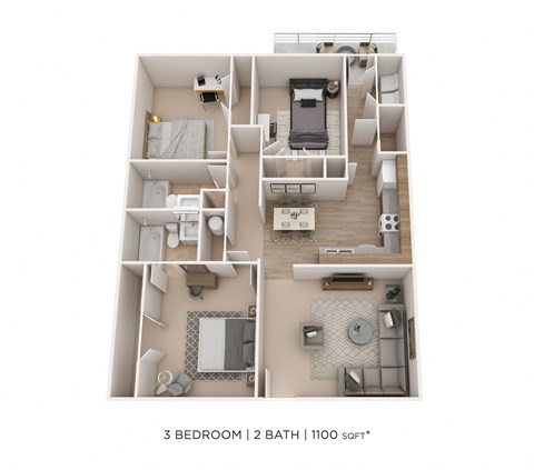 Floor plan for 3 beds, 2 baths, 1100 sqft