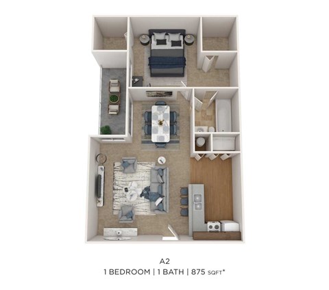 Floor plan for 1 bed, 1 bath, 875 sqft