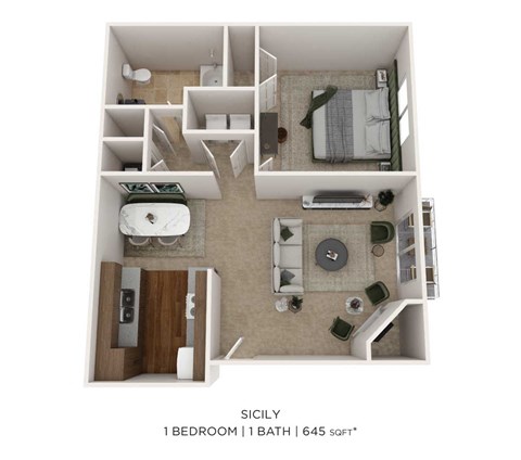 Floor plan for 1 bed, 1 bath, 645 sqft