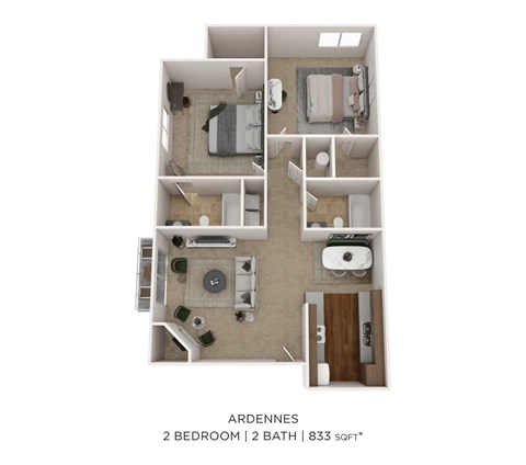 Floor plan for 2 beds, 2 baths, 833 sqft