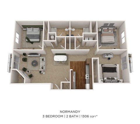 Floor plan for 3 beds, 2 baths, 1306 sqft