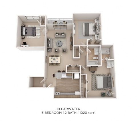 Floor plan for 3 beds, 2 baths, 1020 sqft