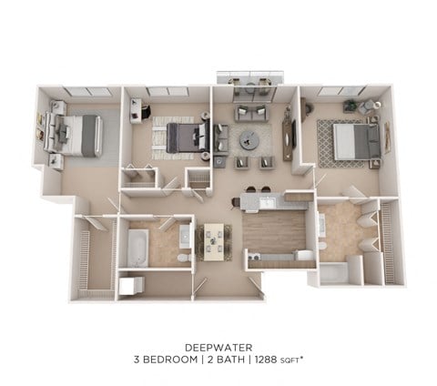 Floor plan for 3 beds, 2 baths, 1288 sqft