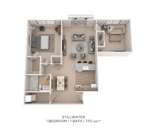 Floor plan for 1 bed, 1 bath, 770 sqft