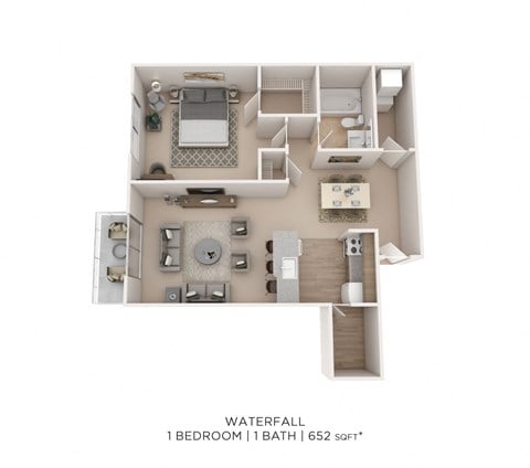 Floor plan for 1 bed, 1 bath, 652 sqft