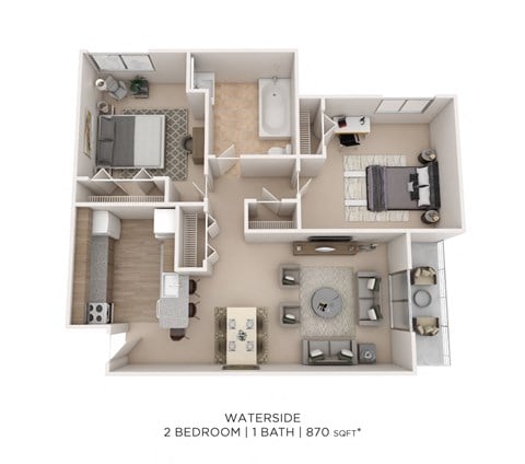 Floor plan for 2 beds, 1 bath, 870 sqft