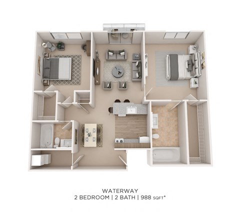 Floor plan for 2 beds, 2 baths, 988 sqft