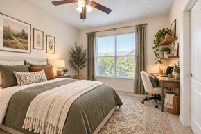 Memphis apartment for rent - A bedroom with a large bed and a desk with a chair.
