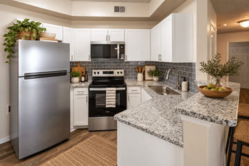 Memphis apartment for rent - A modern kitchen with a stainless steel refrigerator and a black oven.