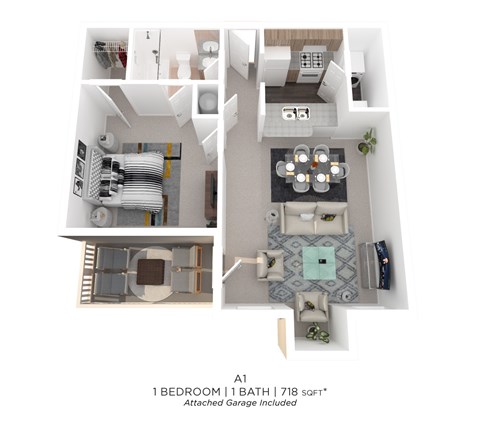 Floor plan for 1 bed, 1 bath, 718 sqft