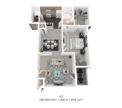 Floor plan for 1 bed, 1 bath, 839 sqft