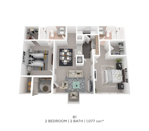 Floor plan for 2 beds, 2 baths, 1077 sqft