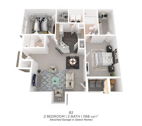 Floor plan for 2 beds, 2 baths, 1168 sqft