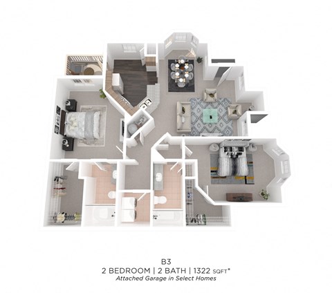 Floor plan for 2 beds, 2 baths, 1322 sqft