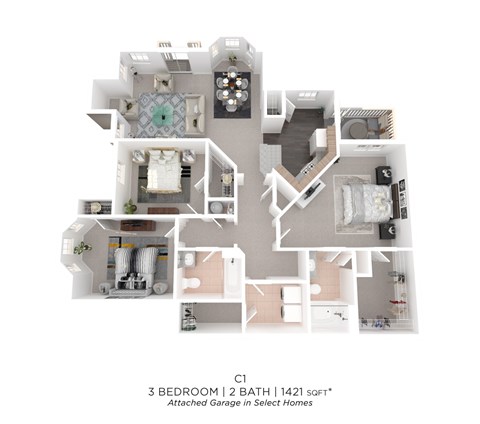 Floor plan for 3 beds, 2 baths, 1421 sqft