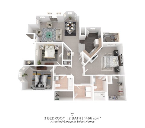 Floor plan for 3 beds, 2 baths, 1466 sqft