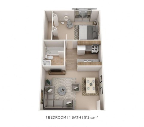 Floor plan for 1 bed, 1 bath, 512 sqft
