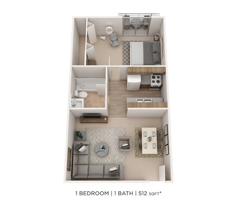 Floor plan for 1 bed, 1 bath, 512 sqft