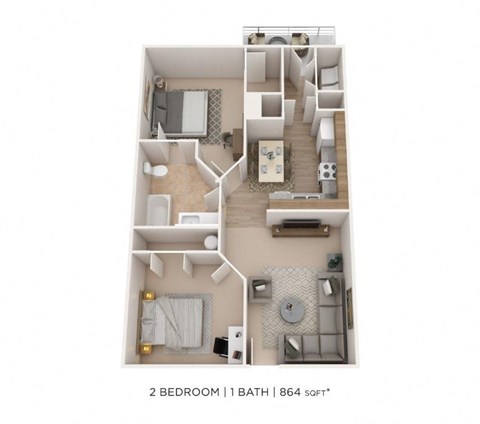 Floor plan for 2 beds, 1 bath, 864 sqft