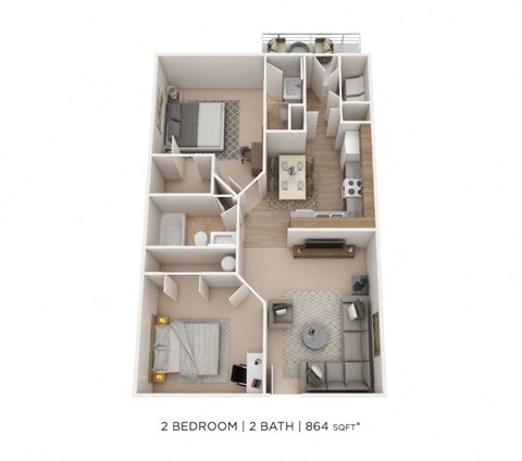 Floor plan for 2 beds, 2 baths, 864 sqft
