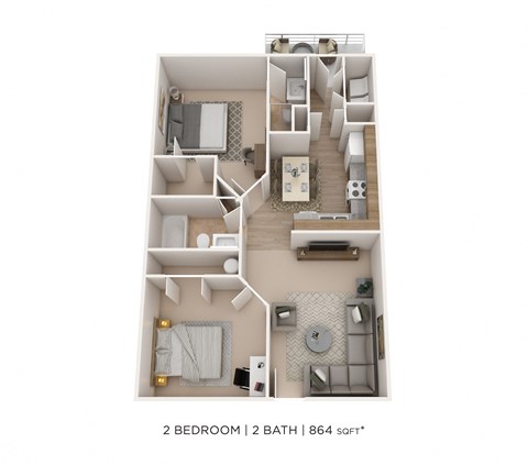 Floor plan for 2 beds, 2 baths, 864 sqft