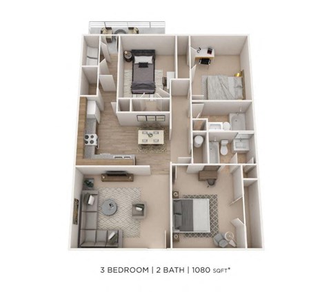Floor plan for 3 beds, 2 baths, 1080 sqft