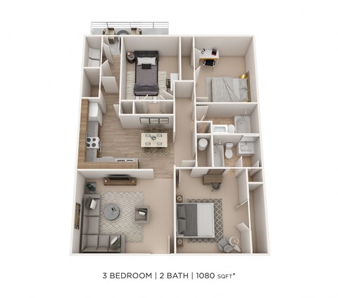 Floor plan for 3 beds, 2 baths, 1080 sqft