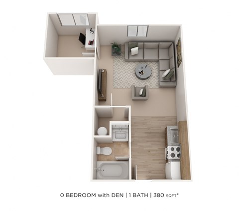 Floor plan for studio, 1 bath, 380 sqft