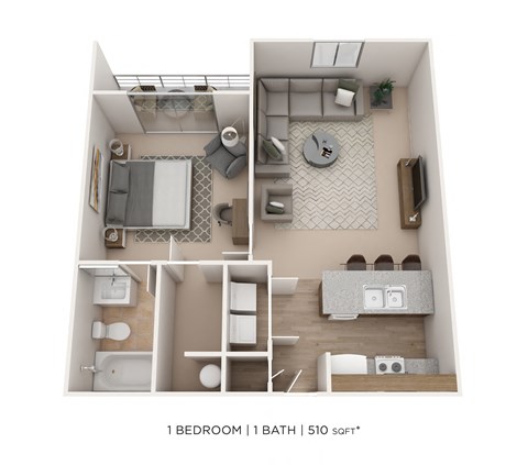Floor plan for 1 bed, 1 bath, 510 sqft