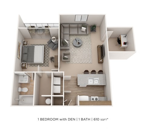 Floor plan for 1 bed, 1 bath, 610 sqft