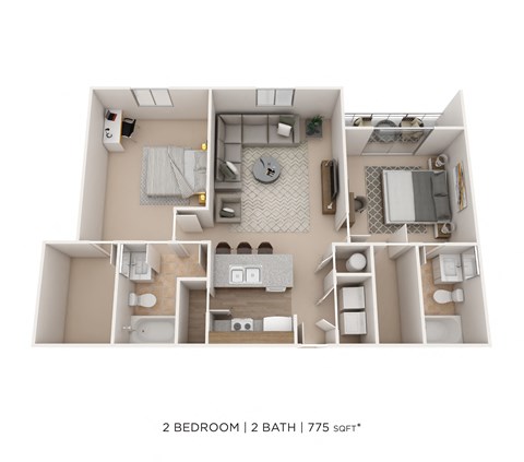 Floor plan for 2 beds, 2 baths, 775 sqft